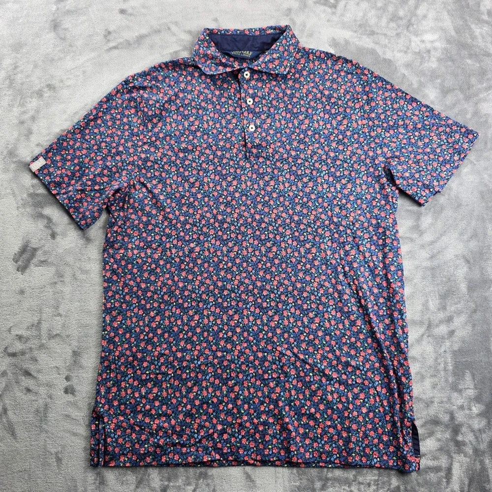 Polo Golf Ralph Lauren Polo Mens M Navy Blue Red Floral Print Short Sleeve Shirt